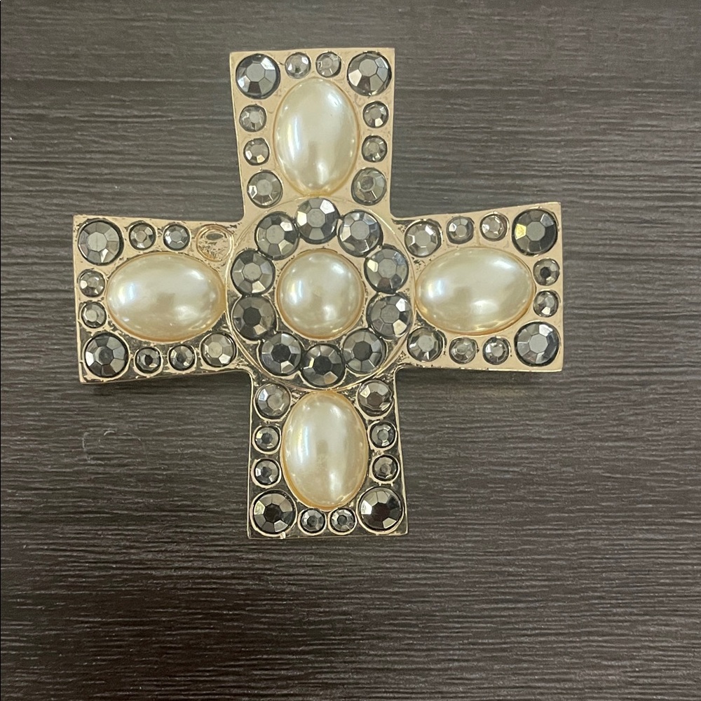 Elegant Cross Brooch with Pearl Cabochons and Black Crystals